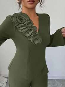 Elenzga Bộ 2 món áo kiểu Pháp tay dài chữ A thắt eo họa tiết hoa thêu tinh tế màu đỏ tía thanh lịch dành cho nữ, phù hợp cho mùa xuân và mùa thu - màu xanh lá - Xem 4