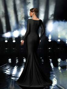 Glamrae 优雅奢华的串珠亮片拼接弹力针织美人鱼长裙，长袖设计，适合婚礼、派对、度假、盛大晚宴和正式场合。 - 黑色 - 查看 2