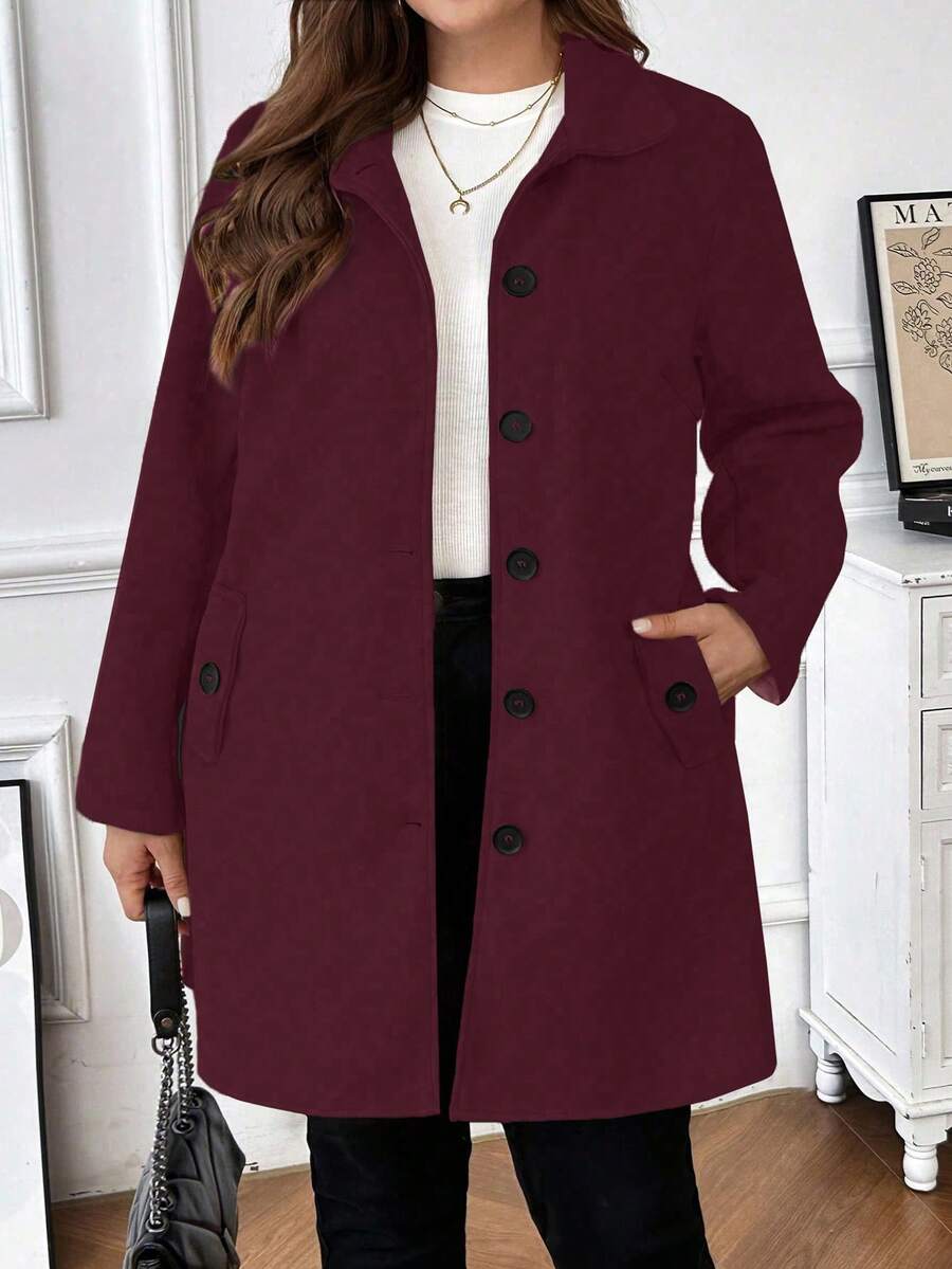 Plus Size Women's Solid Color Long Sleeve Single-Breasted Casual Pocket Woolen Coat, Autumn/Winter - Red - View 1