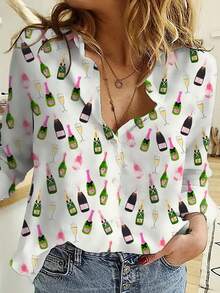 EMERY ROSE Camicia casual a maniche lunghe da donna con stampa a motivo di bottiglie da festival della birra, design del colletto, adatta per tutte le stagioni, con dettagli di bottoni, motivo a cartoni animati - Multicolore - Visualizzare 1