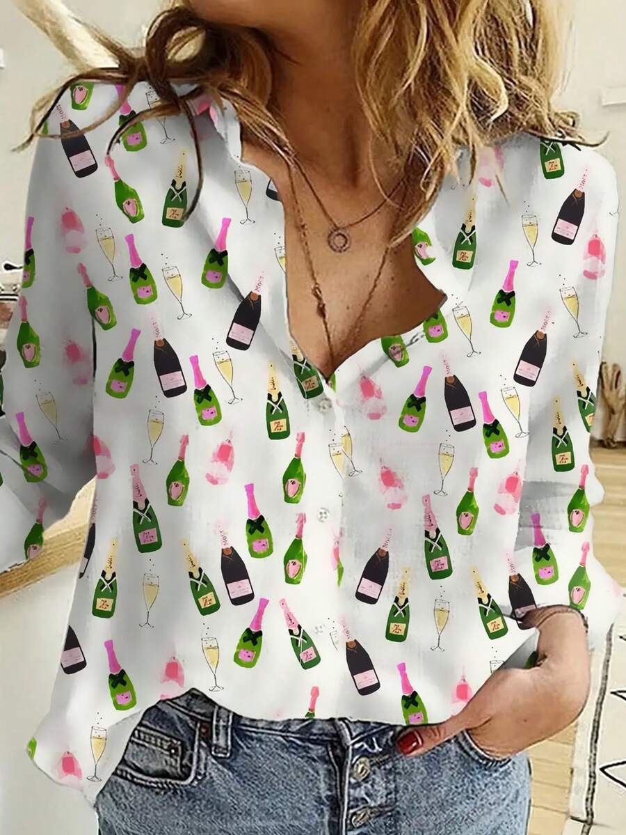 EMERY ROSE Camicia casual a maniche lunghe da donna con stampa a motivo di bottiglie da festival della birra, design del colletto, adatta per tutte le stagioni, con dettagli di bottoni, motivo a cartoni animati - Multicolore - Visualizzare 1