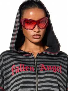 SUMWON WOMEN Áo hoodie kẻ sọc cỡ lớn Boxy Fit có khóa kéo toàn bộ với họa tiết phông chữ Gothic và chi tiết viền tương phản - màu đen - Xem 4