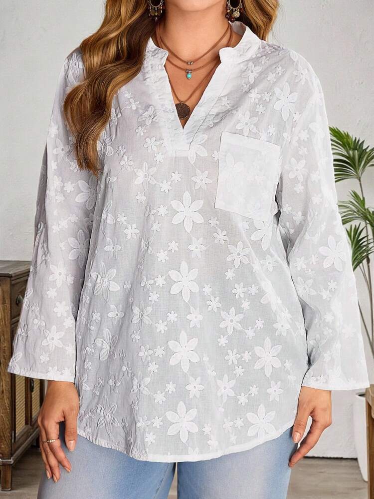 Plus Size Solid Color V-Neck Drop Shoulder Long Sleeve Loose Elegant Embroidered Long Sleeve Blouse Top,Autumn/Winter,Going Out,2025 New,Simple And Fashionable For Everyday Wear, Winter,Comfortable And Breathable,Christmas,New Year,Thanksgiving, Women White Blouses