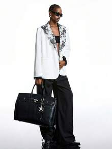 LYSMO 2025新款极简主义冬季女士蕾丝拼接撞色双排扣长袖西装外套，休闲女士西装外套，新年、派对、优雅女士，白色，适合新年夜女士西装外套，白色蕾丝细节西装外套，印花翻领西装外套，黑白西装外套 - 黑與白 - 查看 8