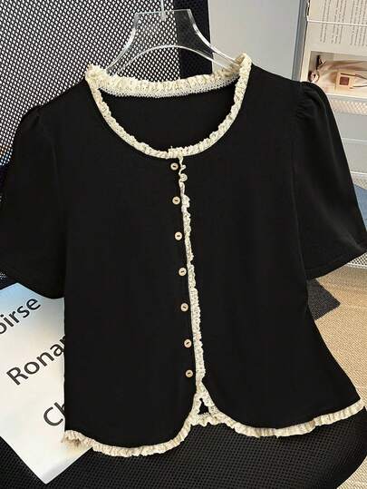 SHEIN Tall Camiseta de mujer de cuello redondo con mangas cortas y ribete de contraste