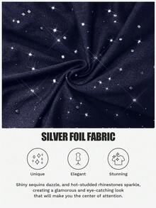 Viva Relle 大码女式优雅纯色针织高弹闪亮亮片箔片深V领派对鸡尾酒连衣裙，适合圣诞节、万圣节等场合，时尚设计，秋冬季新款 - 藏蓝色 - 查看 8