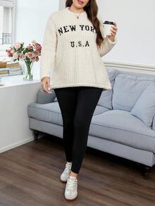 SHEIN LUNE Plus Size Women's Beige 2 Pieces Set Winter Casual School Independence Day Letter Embroidery Fleece Sweatshirt&Black Leggings New York Streetwear - Multicolor - View 5