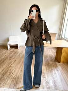 SHEIN EZwear 女式休闲绿色短款风衣，秋冬日常穿着的基本款外套 - 綠色 - 查看 6