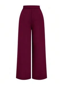 Sweetra Pantaloni da donna taglie forti con decorazione fibbia 2 in 1, snellenti, eleganti, versatili, adatti per l'ufficio e il casual, gamba dritta, autunno/inverno - Bordò - Visualizzare 2