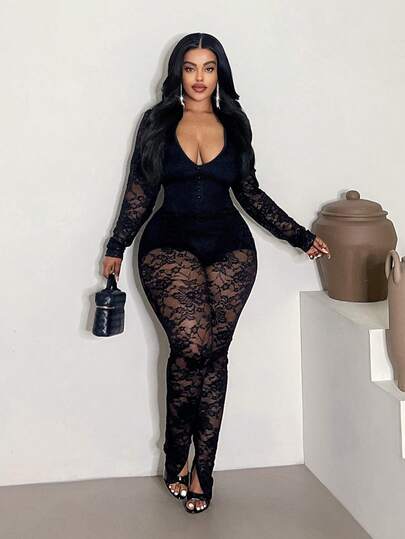 Maweii Plus Size Women's Sexy Deep V-Neck Semi-Sheer Lace Long Sleeve Jumpsuit, Versatile For Daily Commute And Vacation Wear
