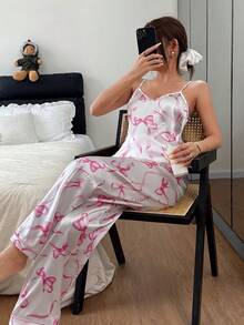 SHEIN 蝴蝶结印花仿丝吊带背心和裤子睡衣套装，粉色 - 白色 - 查看 4