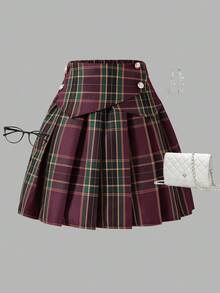 SHEIN Váy ngắn xếp ly màu trơn cho bé gái tuổi teen, váy đen, váy ngắn, thiết kế đa năng, cho mùa đông/thu/hè - Đỏ - Xem 6