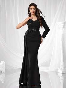 Coutiva 女士纯色不对称领口贴花优雅长袖正式晚礼服（装饰款），情人节 - 黑色 - 查看 5