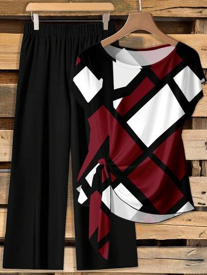 Rusticease 2pcs Casual Minimalist Vintage Coin Inspired Red & Black Abstract Geometric Allover Print Tie Front Blouse And Loose Straight Leg Pants Set, Suitable For Autumn/Wintersummer Outfits, Spring Outfit, Beach Outfit, Festival Outfits, Vacation Outfits, Office Outfits, Country Outfit
