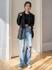 Dazy Tall Women's Tall Fit Loose Long Sleeve Casual Blazer - Black - View 3