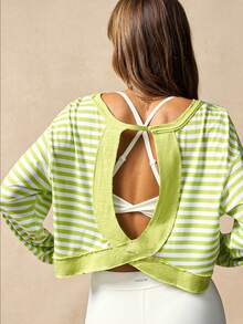 VARSIVA 条纹露背短款长袖运动T恤 - 彩色 - 查看 2