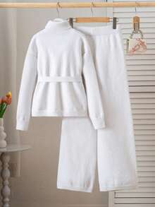 SHEIN Sparklyn 青少年女孩纯色高领落肩长袖系带毛衣和针织裤休闲套装，秋冬