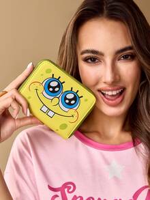 SpongeBob SquarePants | SHEIN 1 件装可爱卡通图案印花拉链 PU 皮革短钱包，风琴式隔层，卡位收纳，适合青少年和女士，笑容灿烂，送礼佳品 - 黃色 - 查看 4