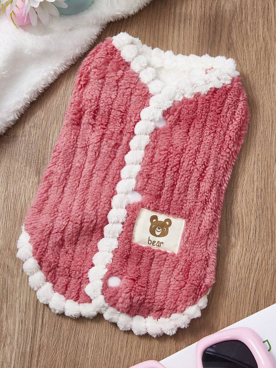 PETSIN 1pc Red Vertical Pattern Plush Flower Edge Pet Tank Top For Autumn And Winter Thickened Warmth, Cute Leisure Pet Thickened Clothes