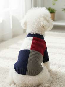 PETSIN 1 件蓝红灰混色宠物针织毛衣秋冬套头衫，干爽厚实保暖宠物服装 - 藍紅灰 - 查看 2