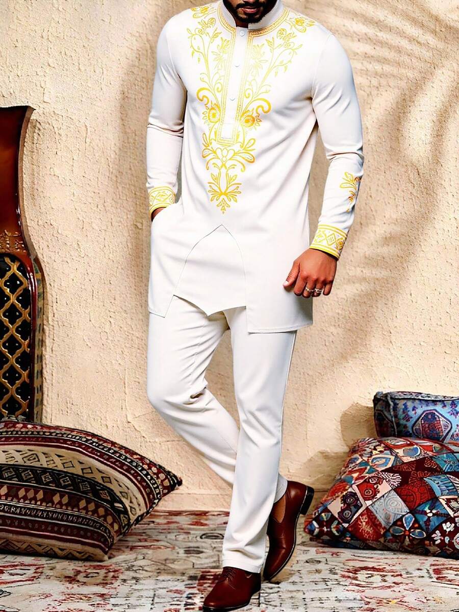 Manfinity RSRT Bộ áo sơ mi Trung Đông dài tay cổ Mandarin in họa tiết hoa bằng vải satin cho nam - trắng - Xem 1