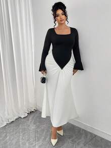 Modelyn Plus Size Women's Vintage Elegant Color Block Ruched Puff Sleeve Turtleneck Bodycon Dress