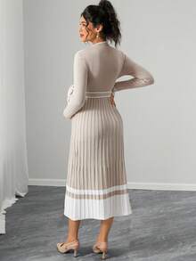 Momance Maternity Pleated Stand Collar Striped Print Belted Long Sleeve Sweater Dress - Apricot - View 2