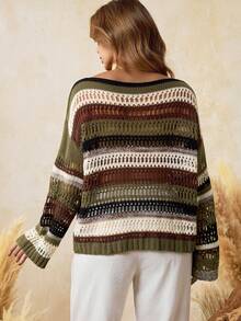 Boho Mama كنزة صوفية محبوكة مفتوحة مخططة باللون الأخضر المريمي للحوامل، كنزة علوية كاجوال للخريف، إجازة - متعدد الألوان - مشاهدة 5