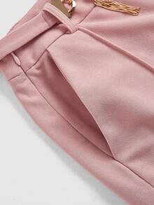 SHEIN MOD 高腰前缝链条细节西装裤，金属装饰，带口袋，淡粉色，办公室工作，秋冬日常 - 藕粉色 - 查看 4