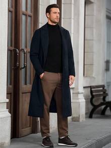 Manfinity Mode 男士纯色简约日常长袖大衣 男士长款外套 藏蓝色 男士优雅外套 - 藏蓝色 - 查看 3