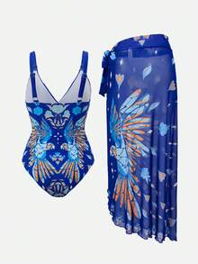 Swim Oasis Conjunto de traje de baño de una pieza con estampado de loro de lujo para resort del sur de Francia, con falda pareo - Multicolor - Ver 3
