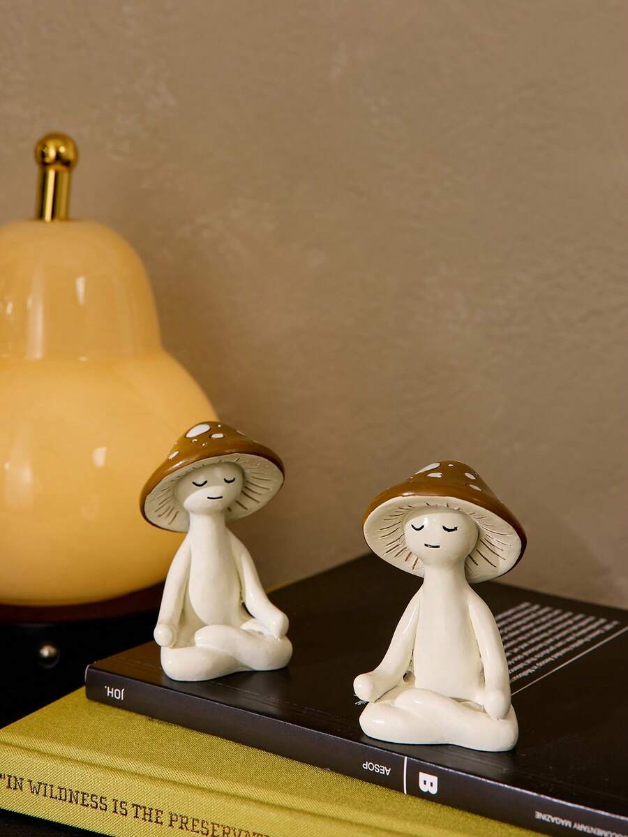 Cirelle 1pc Cute Meditation Sitting Yoga Mushroom Desktop Decor, Yoga Mushroom Ornament Home Living Room Decoration, Garden Resin Craft Gift