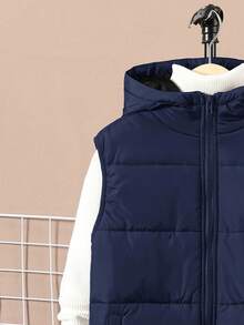 SHEIN Tween Boy Casual Hooded Padded Cotton Thick Woven Vest - Navy Blue - View 5