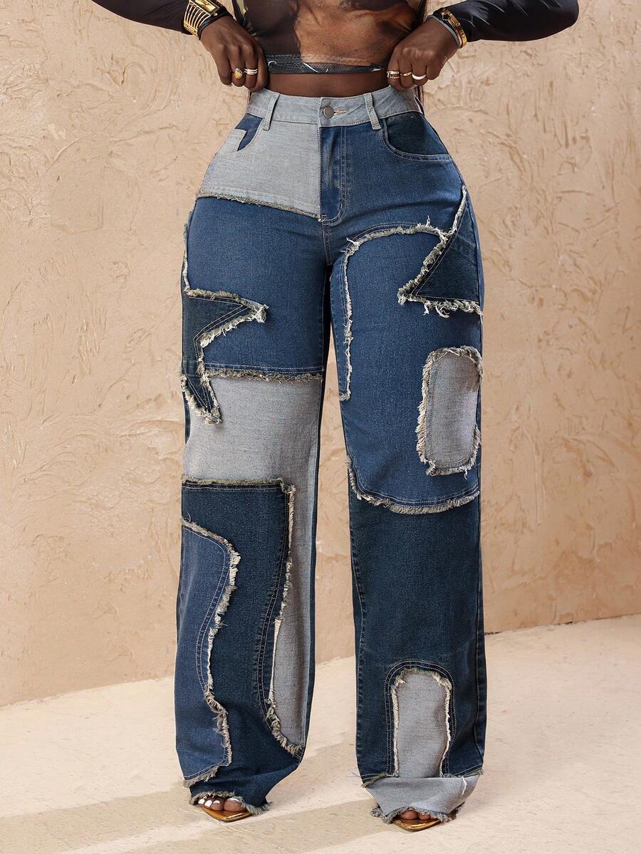 Slaydiva Blugi casual pentru femei de mărime mare, cu talie înaltă, buzunare, cu cinci colțuri, stea, tiv zdrențuit, picior larg - Albastru - Vizualizare 1