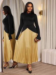 SHEIN Elenzya Elegante vestido nuevo de moda con cuello de volantes, color dorado, plisado, bloque de color, espalda cruzada con lazo, adecuado para citas de mujeres, fiestas formales, Navidad, Halloween, San Valentín, elementos chinos, cuello Mao, atuendo de Año Nuevo, otoño/invierno