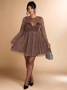 Allurite Váy dự tiệc chữ A lấp lánh mùa thu/đông cỡ lớn dành cho nữ, thích hợp cho tiệc tối, tụ tập, tiệc tùng - Cà phê nâu - Xem 3