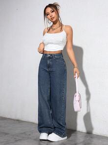 SHEIN ICON 大码女式松紧腰复古深蓝色直筒牛仔裤 - 深色水洗藍 - 查看 4