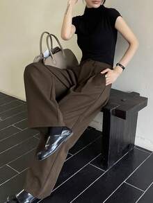 DAZY Quần âu xếp ly màu trơn đơn giản dành cho nữ, mùa thu - Cà phê nâu - Xem 7