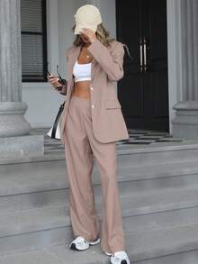 Aveloria Modichic 2pcs Women's Mid-Length Waist Fitted Blazer And Flare Leg Pants Suit 