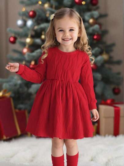 SHEIN 红色提花长袖连衣裙，适合返校、派对、婚礼、花童、儿童休闲装、开幕式、日常穿着、上学、旅行、秋季连衣裙、圣诞节等场合。