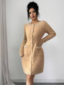 Rafferiza Women's Khaki Round Neck Pearl Mink Hair Fashion Versatile Street Sweater Dress, Christmas - Khaki - View 5