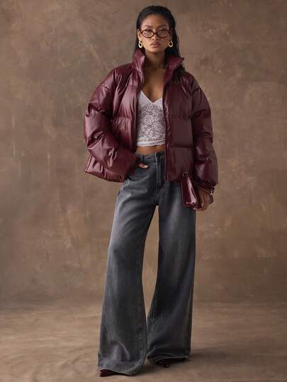 SHEIN BAE 女式纯色长袖前拉链亮面宽松冬季夹克