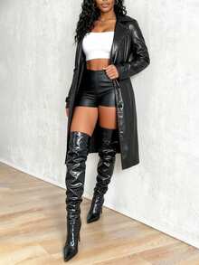 VaVaBold Pu Notched Collar Long Trench Coat Fall Winter Cloth For Women - Black - View 5