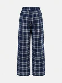 SHEIN Girlism Tween Girls Casual Simple Plaid Drawstring Loose Pants, Suitable For Casual Daily Wear, Back To School - Navy Blue - View 2