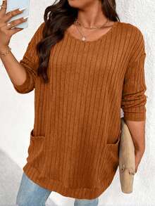 大码女式罗纹磨毛长袖T恤，适合秋冬季日常穿着 - 橘色 - 查看 3