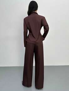 Firerie 女士优雅收腰咖啡棕色西装外套和高腰阔腿裤套装，套装，裤装，咖啡色套装，收腰西装外套，女士教师制服，商务通勤套装，知性优雅女士服装，金属纽扣装饰套装，咖啡棕色翻领西装外套套装，春秋冬装，优雅，通勤，休闲，日常，简约，工作服 - 咖啡棕 - 查看 8