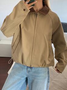 DAZY 小众设计实用夹克开衫短外套，女士常规夹克 - 卡其色 - 查看 7