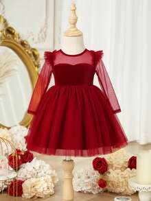 优雅酒红色天鹅绒网纱拼接长袖连衣裙，适合女婴 - 酒紅色 - 查看 2