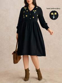 Nubod Vestido de suéter de talla grande de unicolor con bordado floral elegante, romántico y casual de moda para otoño/invierno