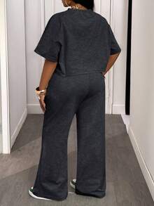 Slaydiva Bộ đồ hai mảnh nữ mùa hè và thu 2025 Áo thun ngắn tay cổ tròn rộng màu xanh lá cây đơn giản thoải mái + Quần ống rộng buộc eo, thích hợp cho du lịch hàng ngày, trở lại trường, tốt nghiệp - Màu xám đen - Xem 3